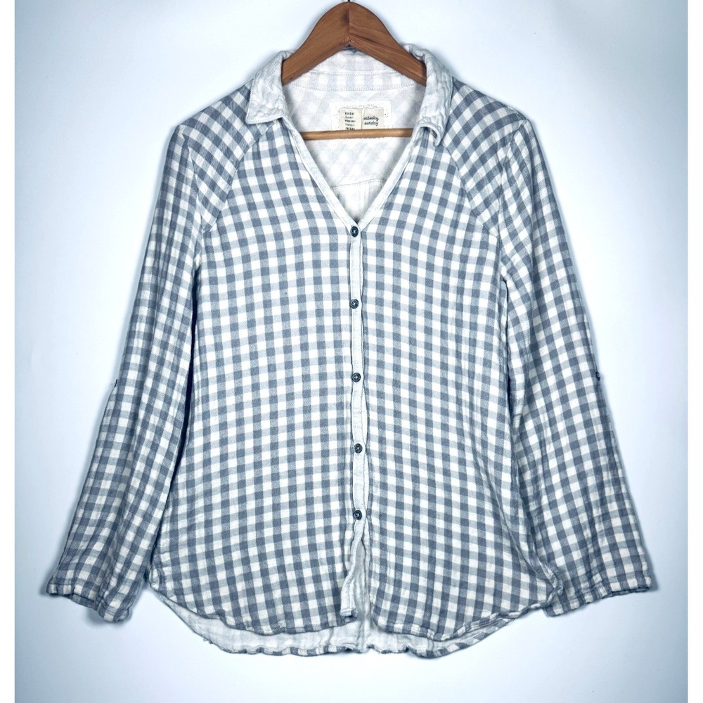 Saturday Sunday Shirt Women Medium Gray White Gingham Button Front Anthropologie
